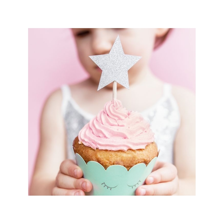 PartyDeco Cupcake Topper - Sterne silber